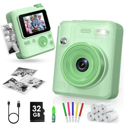 Gofunly Appareil Photo Instantané Enfants, 1080P Appareil Photo Numérique Enfant & Caméra Vidéo avec Carte de 32GB & 5 Rouleaux de Papier d'impression, Cadeaux pour Garçons & Filles de 3-12 Ans(Vert)