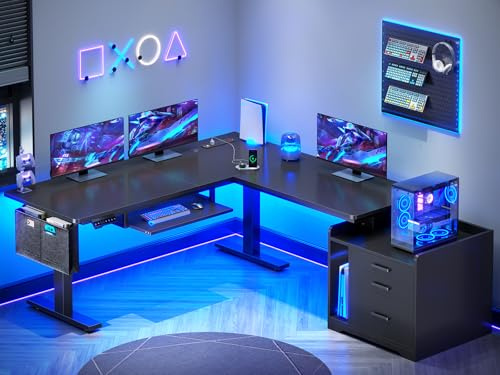 SEDETA L Shaped Electric Standing Desk with File Cabinet, 63 x 53'' Height Adjustable Home Office Computer Desk with Drawers, Power Outlet, Stand up Gaming Table with Led Lights, Keyboard Tray, Black