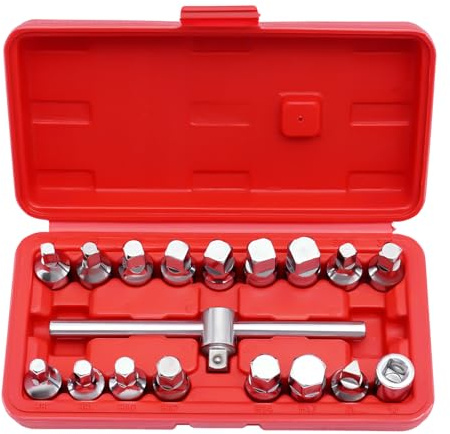 Hteedy 18PCS Oil Drain Plug Sump Tool Kit, 3/8 Drive Oil Drain Sump Plug Key Set Gearbox Removal Tool, for Removing Oil Drain Filler Plugs on Engine Oil Pan, Rear Axle, Differential, Transmission