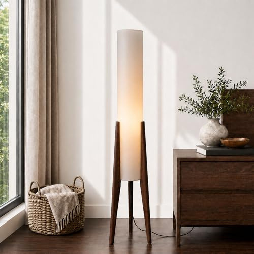 KlkrzJwy Wabi-Sabi Stativ-Stehlampe Aus Holz, 128 CM, Papierlaternen-Stil | Hoher Leinenschirm, E27-Birne Inklusive, 3 Farbtemperaturen, Fußschalter, Walnuss-Optik Für Wohn-, Schlaf- Und Arbeitszimmer