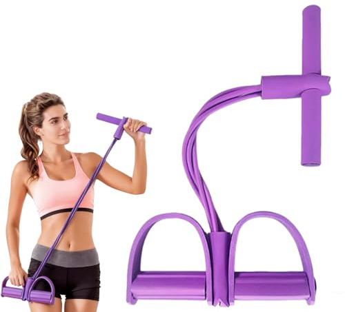 4 Tube Elastic Sit-Up Pull Rope Set with Foot Pedal, Full-Body Abdominal, Leg and Waist Exercise Resistance Bands for Home Gym Yoga, Purple