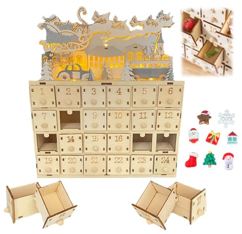 Adventskalender i trä med LED-lampor, tom adventskalender med 24 förvaringslådor, återanvändbar C-adventskalender för barn, juldekoration