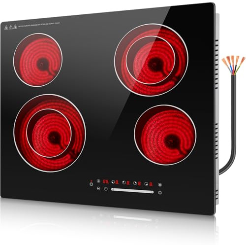 Alemania Placa Vitrocerámica 60 cm 4 Zonas 6700W con Zona Doble, Placa Eléctrica Empotrable con Control Deslizante, Temporizador, Pausa, Mantener Caliente, Bloqueo Infantil