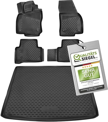 WALSER Kofferraumwanne & Gummi Fussmatten Set für VW Touran (5T1) 05/2015-Heute, 100% passgenaue Auto Fußmatten, Antirutschmatte PKW, Auto Gummimatten, Fussmatten Gummi
