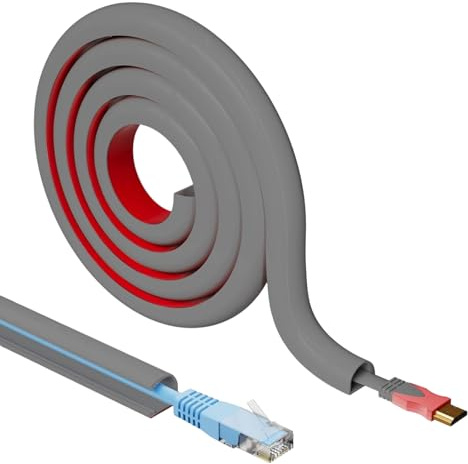 3m Grey Cable Trunking - 14 x 10mm Flexible PVC Cable Conduit for 1 Cord, Self-Adhesive Wire Hider for Wall & Floor, Side Opening D-shape Wire Covers TV Cable Raceway