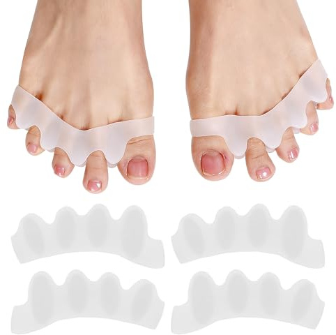 Separadores de dedos de silicona SEBS, 2 pares, blancos, con cinco anillos, talla única, con puente transpirable para dedos superpuestos, ideales para uso diario en casa y en la oficina.