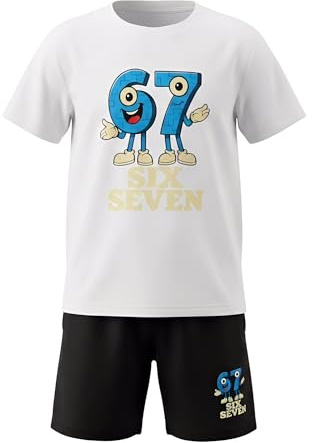 67 Set de camiseta para niños DINSAGE para niños y niñas – Divertido conjunto de ropa coordinada Brainrot Six Seven Meme, camiseta+pantalones cortos, cómodo set de verano de ropa para niños, Blanco y