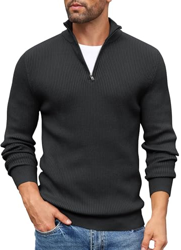 COOFANDY Jersey de Media Cremallera para Hombre Jersey de Punto con Cuello Alto y Cremallera Suéter Casual de Manga Larga para Otoño Invierno Negro L