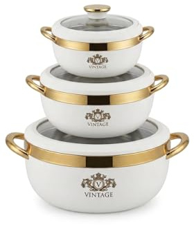 Jaypee Vintage Thermo-Casserole Set3-teilig Weiß/Gold Isolierbehälter Warmhaltebehälter aus Edelstahl für Speisen & Essen,Warmhaltetopf Set mit Deckel (1000ml,1500ml,2000ml),BPA-frei Met Kajal Sticker
