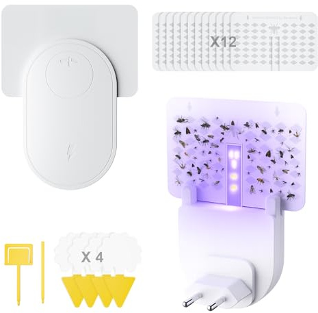 2 Fliegenfalle Innenbereich,Steckdose Fruchtfliegenfalle,Fruchtfliegenfallen für den Innenbereich mit LED-Beleuchtung, geräuschlos,inklusive 12 Klebekarten und 4 Mini-Fruchtfliegenfallen
