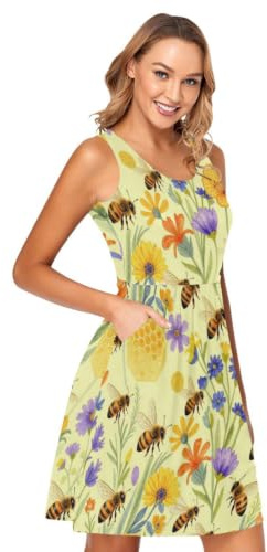 BCFHRGT Vattenfärg blomma bi honungskaka vardaglig klänning ärmlös med fickor tank miniklänningar