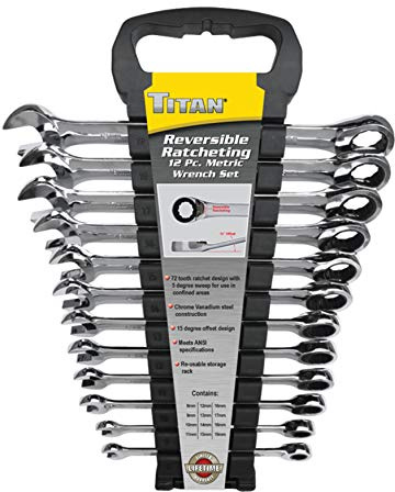 Titan 17365 12-Piece 12 Point 72 Tooth Metric Reversible Ratcheting Combination Wrench Set