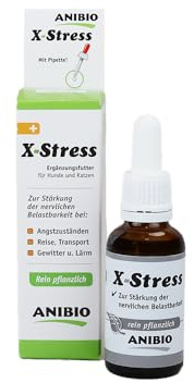 Anibio X-Stress 30ml Tropfen für Hund & Katze – pflanzliches Ergänzungsfuttermittel zur Beruhigung & Nervenstärke – mit Passionsblume, Weißdorn, Lavendel & Bitterorange – mit Pipette