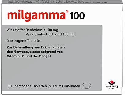 milgamma® 100 mg überzogene Vitamin B1 Tabletten mit Benfotiamin B1 (eine fettlösliche Vorstufe von Vitamin B1) und Vitamin B6, 30 Stück