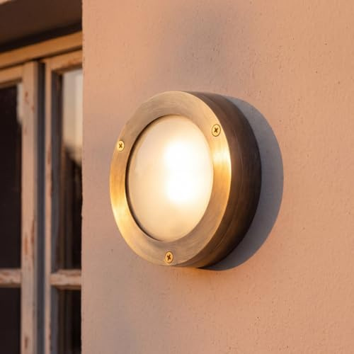Licht-Erlebnisse Wandleuchte Messing rund IP64 Ø14cm Maritim klein Außenleuchte Haus Haustür Terrasse Balkon