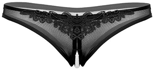 Aislor Damen Transaprent Slip Perlen String Tanga Ouvert Spitze Dessous Erotik Bikini Slip Mesh Unterhose Höschen mit Perlen-Ketten Schwarz A Einheitsgröße