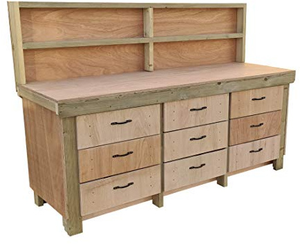 Arbor Garden Solutions Wooden Workbench Tool Cabinet With Back Panel - 18mm Eucalyptus Hardwood Top - Industrial Heavy-Duty Work Table (8ft)