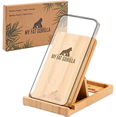 My Fat Gorilla Handyhalter aus Bambus, Handy Ständer und Tablett Ständer, Verstellbarer Handyständer aus Holz, Handyhalterung Tisch, Phone Holder Schreibtisch, Phone Stand, iPad Halterung