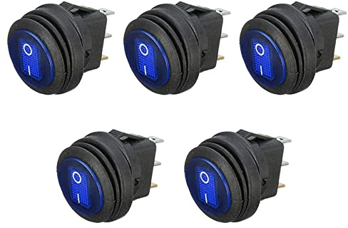 ETOPARS 5 Piezas 12V 20A Interruptor Basculante Redondo para Automóvil Indicador de Luz LED Azul Interruptor de Palanca Coche Botón Pulsador Impermeable 3Pin ON Off