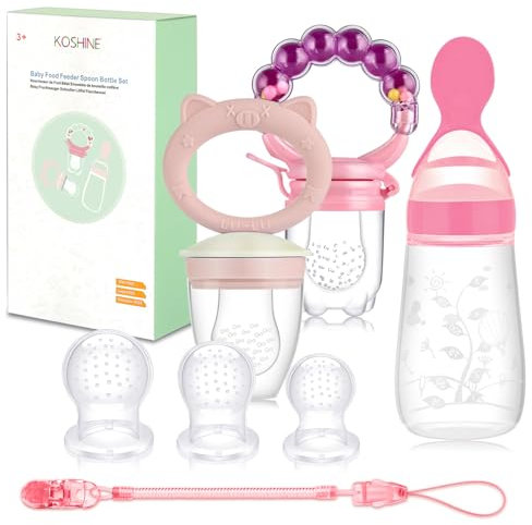 Fruchtsauger Baby Feeder Obst Fütterung Babynahrung Rassel Schnuller Silikon Flasche Löffel für Kleinkinder (Rosa Neu)
