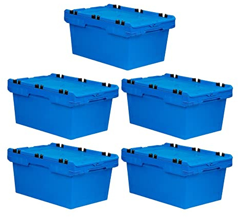 SET SUPER ÉCONOMIQUE 5x Bac de transport conique empilable avec couvercle crocodile bleu | HxLxP 30x41x61cm | 47 litres | Bac Euro, Eurobox, boîtes de rangement, empilables, caisse de transport