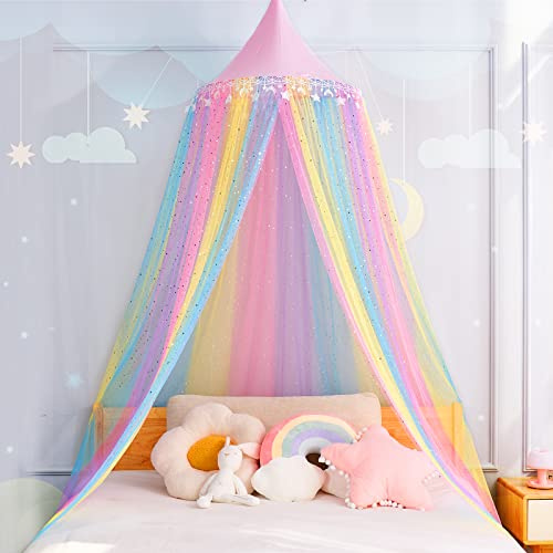 MOOZHEALTH Rainbow Bed Canopy for Girls,Shiny Kids Princess Round Dome Bed Curtain with Star Moon Glitter,Kids Crib Canopy Play Tent Canopy Dreamy Bed Netting