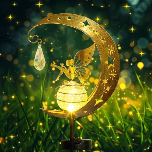 HIQE-FL Luces Decoracion De Metal De Luna,Luces Solares De Luna Para El Jardín,Luces Decorativas Al Aire Libre,Lámpara Solar Para Camino,Luces Solares De Luna Para Jardín (B)