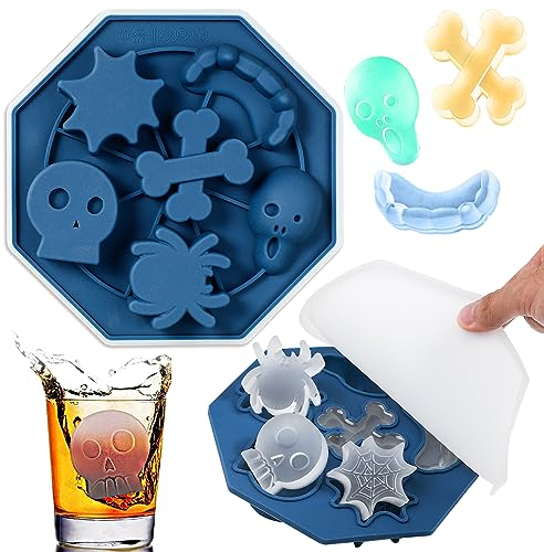 Webake Silikon Halloween Eiswürfelform mit Deckel 2 Stück Totenkopf Geist Spinne Knochenzähne Spinnennetz Eiswürfel Silkonform für DIY Halloween Eiswürfel, Schokolade, Süßigkeiten, Gelee