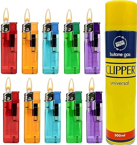 Meown Multicolour Electronic Lighters, Refillable + 1 300m Gas, Child-Safe with Adjustable Flame, Transparent – For BBQ, Kitchen, Camping (Pack of 10)
