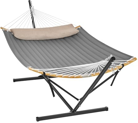SONGMICS Hängematte mit Gestell, Hängemattengestell aus Metall, Doppelhaltestange, mit Kissen, bis 200 kg belastbar, Garten, schwarzes Gestell und graue Hängematte GHS002G01