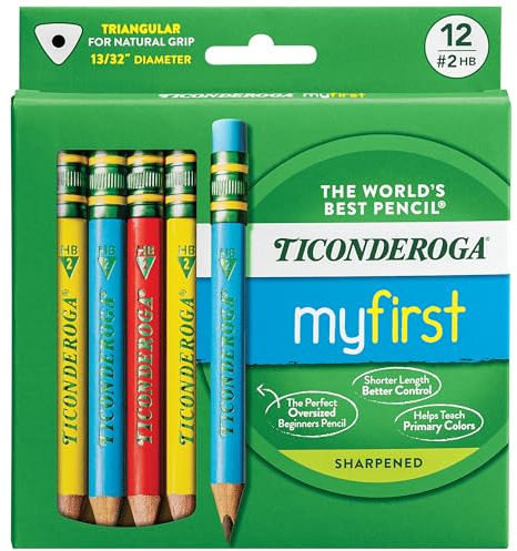 Ticonderoga My First Short Triangular Wood-Cased Pencils, #2 HB Soft, With Erasers, Primary Colors, 12 Count