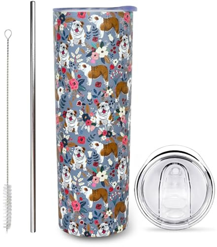 sxmluedn Bulldog Gifts for Women Cute Dog Tumbler Coffee Cup for Women Bulldog Travel Mug 20 Oz Stainless Steel Insulated Water Bottle With Lid and Straw