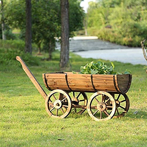 Rustikaler Rollwagen aus Holz mit Pflanzgefäß, Blumenwagen, dekorativer Topflappen, Eimer, Terrasse, Garten, Deck