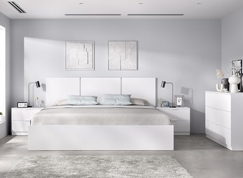 DEKIT GRUPO RIMOBEL HAVANA PACK - Conjunto de cabezal de tres plafones con dos mesitas, aro de cama 135/140X190 y cómoda de tres cajones - BLANCO