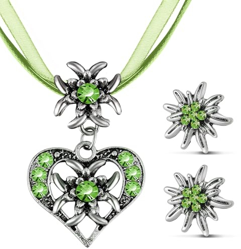 Patelai 3 Pcs Set de Bijoux d'Edelweiss Fantaisie Bijoux de Dirndl Bavarois Collier d'Edelweiss Strass avec Pendentif Cœur Boucles d'Oreilles d'Edelweiß pour Fête de Bière Traditionnelle (Vert)