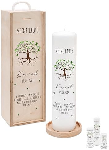 Bärenfreunde® - Personalisierte Taufkerze mit Spezial-Druck (M, L, XL) - ohne Ruß-Bildung - mit Holzkiste oder Untersetzer - Taufe Geschenk, Geschenk zur Geburt (XL Kerze)