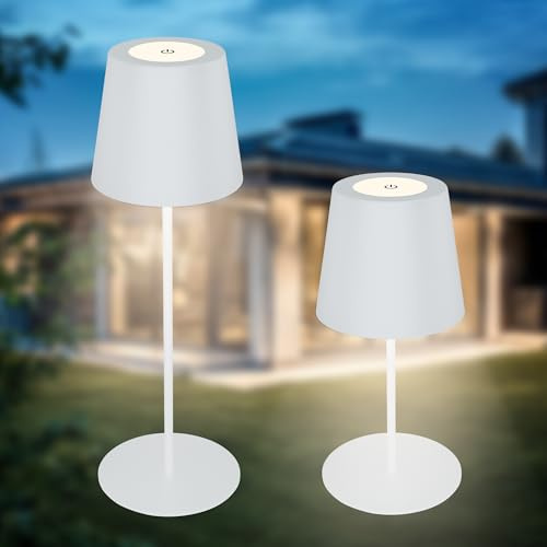 B.K.Licht - LED Tischlampe kabellos IP44 mit Touch, dimmbar in Stufen, Akku & Lichtquelle tauschbar, Nachttischlampe, Leselampe, LED Lampe, Campinglampe, Tischleuchte, Outdoor, 36x10,5 cm, Weiß