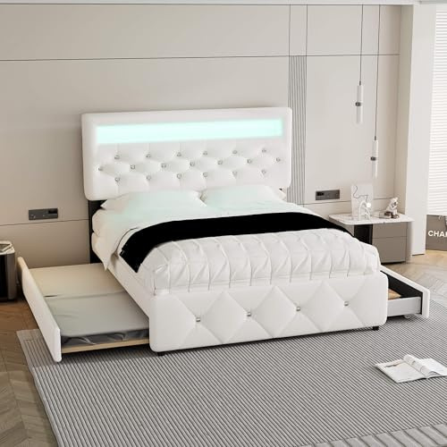 YCYDHDM Cama tapizada de 140 x 200 cm con cama nido y 2 cajones, cama doble con somier y cabecero ajustable, cama para dormitorio y habitación de invitados, lino, sin colchón, color blanco