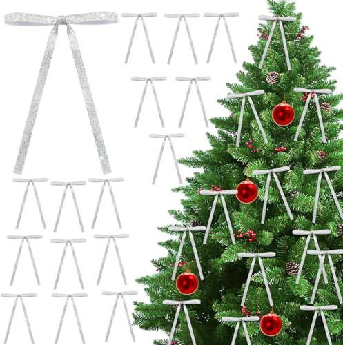 BOARDFEB Weihnachtsbaum Schleifen, 36 Stück Vintage Glitzer Silber Schleifen für Weihnachtsbaum Weihnachtsbaumschmuck für Weihnachten Basteln Heimdekoration Hochzeit Garten Outdoor Deko