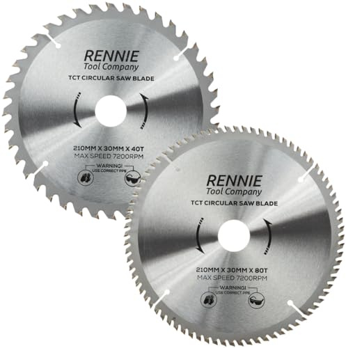 Rennie Tool 2 Pack - 210mm x 30mm Bore x 40T & 80T TCT Circular Saw Blades | For Festool Bosch Makita Dewalt Circular Saws Etc. With 25mm 20mm & 16mm Bore Reduction Rings. 210mm Circular Wood Saw Blades