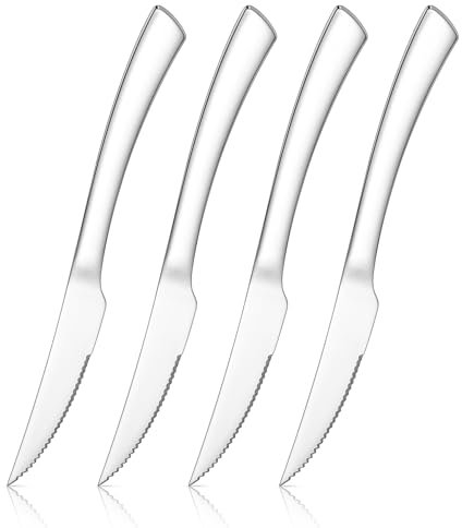 Onader Steak Knives Set of 4, Stainless Steel Serrated Kitchen Knives with Ergonomic Handle, Sharp Dinner Table Knives for Home Restaurant, Full Tang & Mirror Finished & Dishwasher Safe