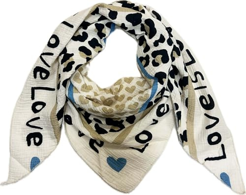 Love Herz Leopard Dreieck Schal aus 100% Baumwolle Frühling Unisex Uni Fashion Stola Tuch Übergangszeit Italy Sommer Strickschal Strick Tuch Heart Leo Happy