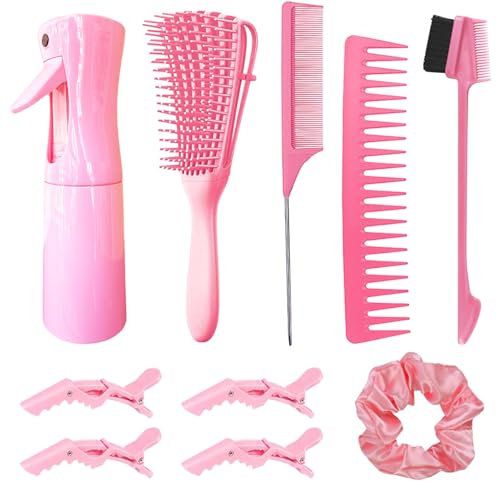 10Pcs Hair Brush Set with Spray Bottles - Detangling Brush for Wet/Dry Curly Hair,Teasing Comb & Edge Hair Brush for Women, Babies & Salon Professionals - Includes Wide-Tooth & Rat Tail Comb (Pink)
