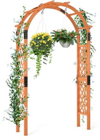 GOPLUS Rosenbogen aus Holz, 235 cm Gartenbogen für Kletterpflanzen, Torbogen mit Bogendach & Rankgitter, Rankkenbogen Pergola Hochzeitsbogen für Garten, Terrasse & Rasen Dekoration
