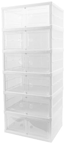 Verda Schuhschrank, Schuhregal und Schuh Organizer aus Kunststoff mit magnetischer Tür, faltbar und stapelbar, 6 Reihen, Schuhe und Stiefel, Weiß, Transparente Schuhboxen, für Schuhe bis Größe 44