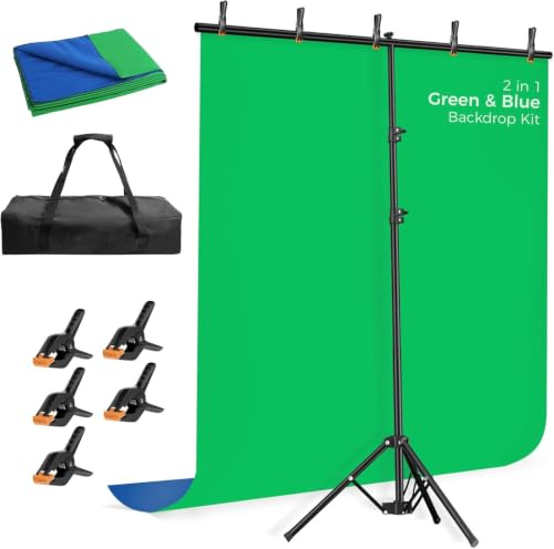 EMART Blue Green Screen Backdrop Kit with Reverse Folding Base, 5x6.5ft Portable T-Shape Backdrop Stand with 2-Sided Reversible Background for Photography, Zoom, Streaming and Studio Video Recording