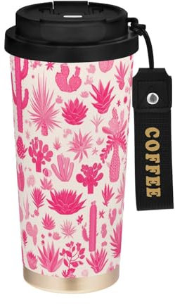 FRODOTGV Hot Pink Kaktus-Kaffee-Reisebecher für Herren, Becher To Go mit Deckel, Edelstahl-Isolierbecher für heiße und kalte Getränke, 500 ml, auslaufsicher
