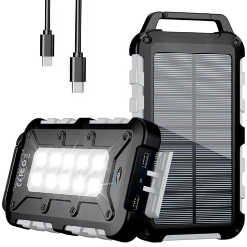 Power Bank Solare 26800mAh, PD15W Caricatore Solare Portatile USB C 3,0A Batteria Esterna 2 Uscite e 2 Ingresso con Luci LED Rapida per Smartphone, Tablet, Campeggio Ecc (Grigio Chiaro)