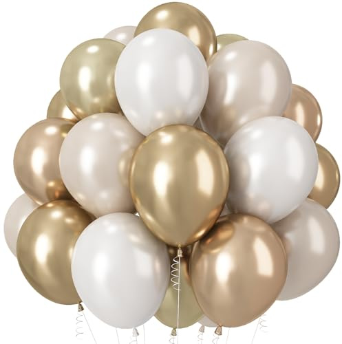 Champagne Gold and White Balloons, 12 Inch Double Stuffed Pearl White Sand Gold Metallic Balloons Wedding Beige Cream Latex Balloon for Boho Bridal Shower Birthday Bachelorette Engagement Party Decor
