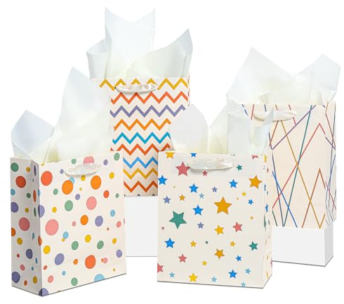 Partytüten mit Henkeln in Regenbogen-Farben (4er Set) - Bunte Geschenkbeutel 23x18x10 cm für Kinder, Geburtstag, Weihnachten, Baby-Shower & Hochzeit